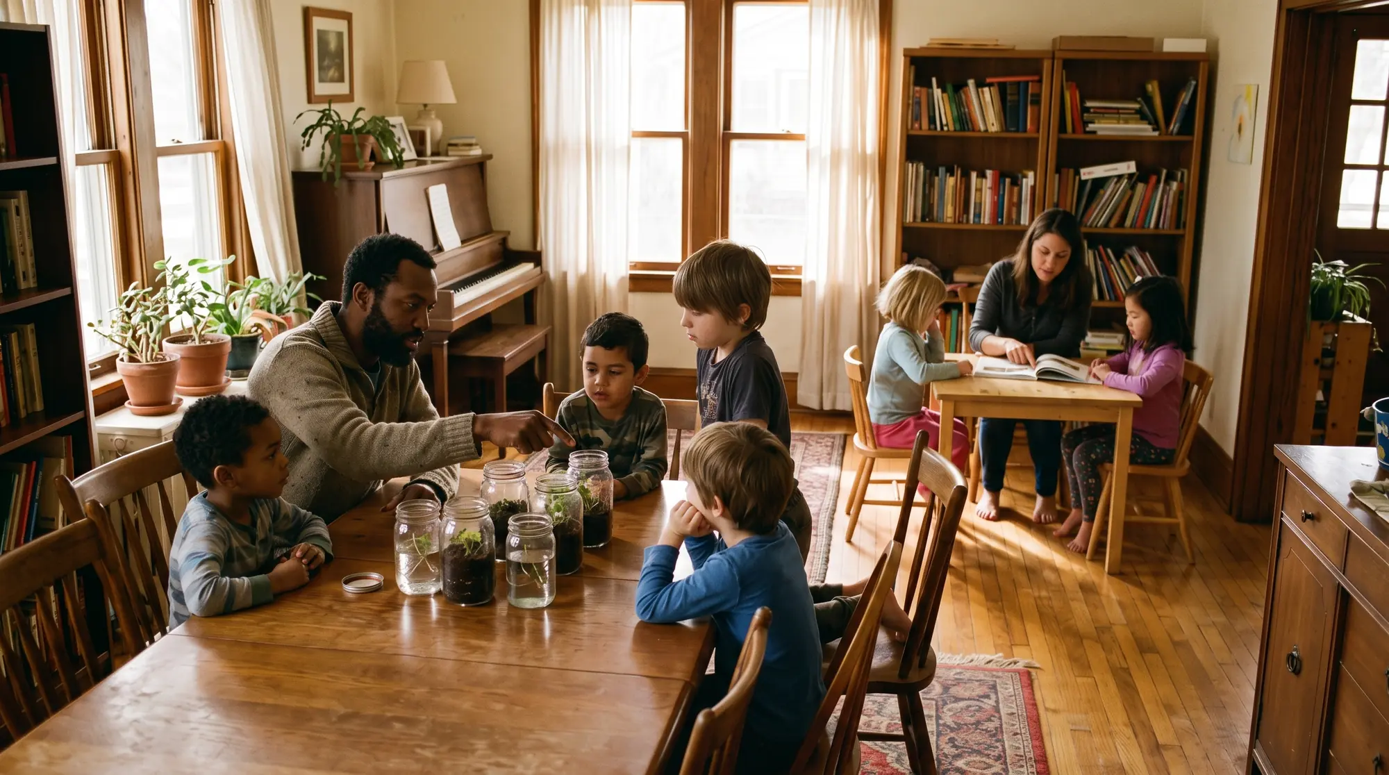 At a homeschool co-op in a family room, a father shows children seedlings growing in glass jars while a mother reads with two other children at a second table.