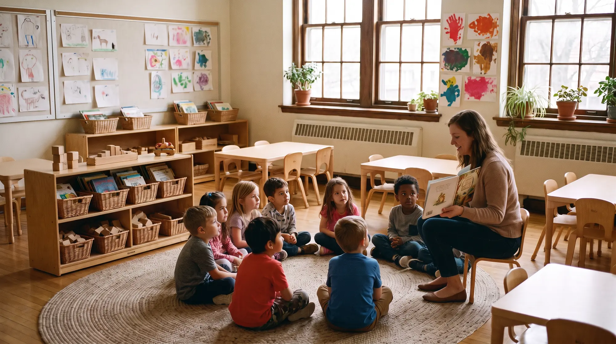 In an early-elementary classroom a teacher reads a picture book to young children sitting on a round rug, beside low shelves of book baskets and walls of bright paintings.