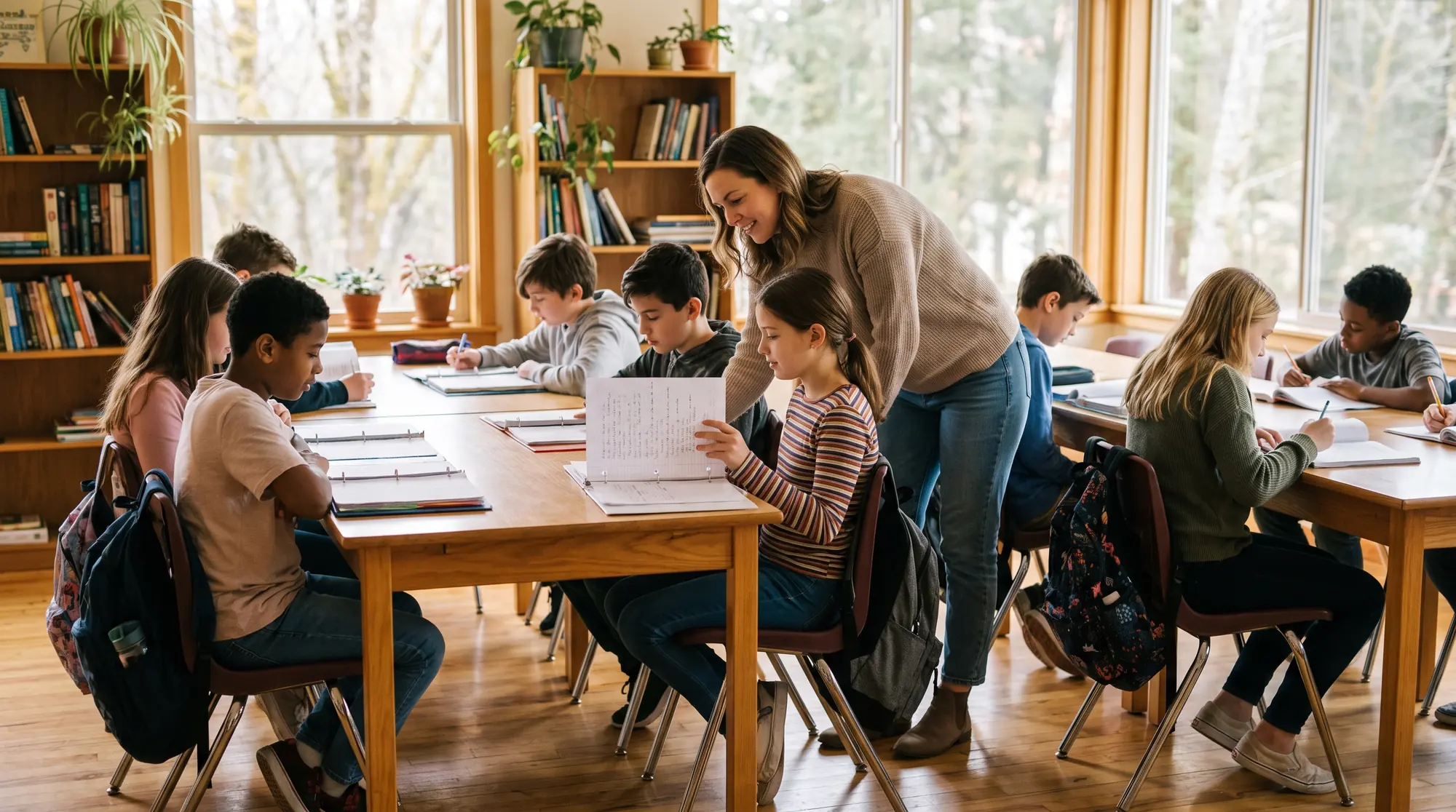 Campus day at a hybrid school: a teacher leans in to look at a student's binder while middle-school students work at wooden tables in a sunlit classroom lined with bookshelves.