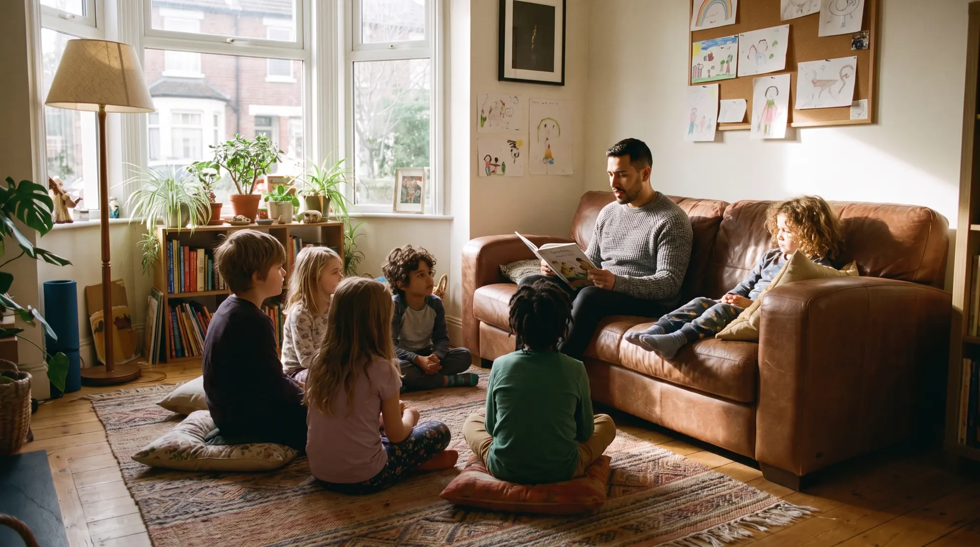 A teacher on a leather couch reads a picture book aloud to children sitting on cushions and a rug in a living room lined with bookshelves.