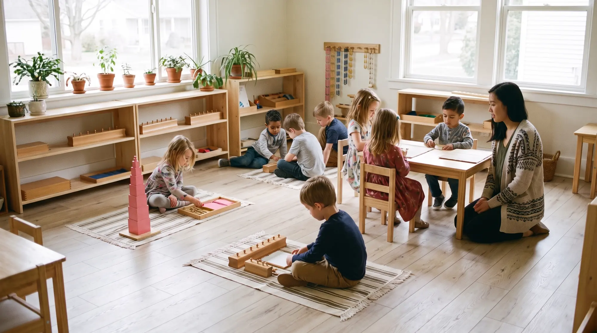 Young children work on their own with wooden Montessori materials on rugs and at small tables in a bright room, while a guide kneels quietly beside them.