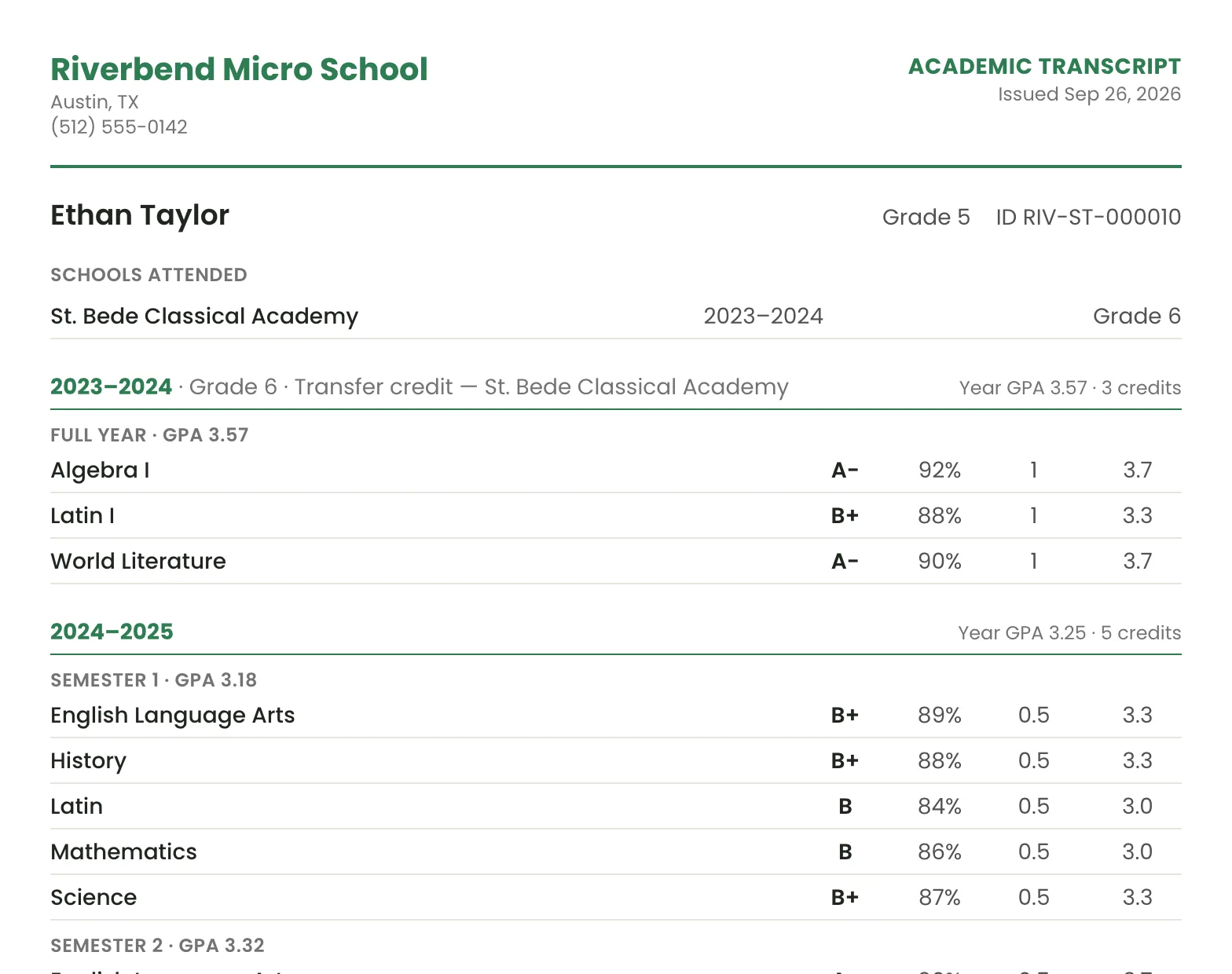An academic transcript for a sample student, listing transfer credit from a previous school and each year's courses, letter grades, percentages, credits and GPA.
