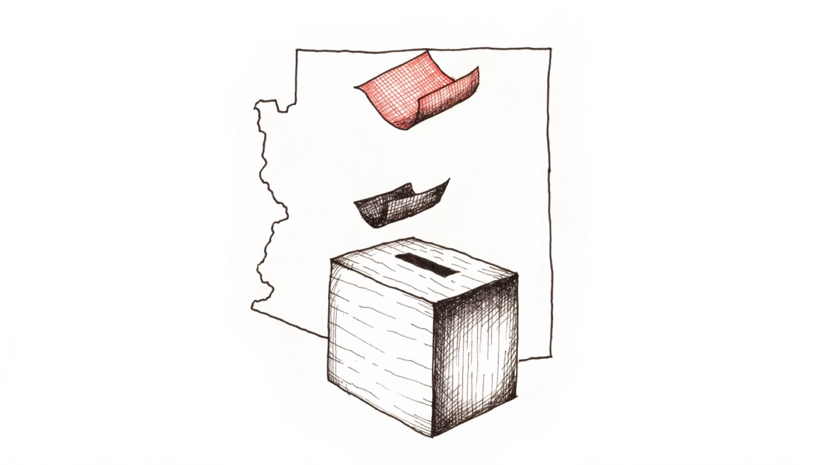 Pen-and-ink illustration: two folded ballots, one red and one black, hovering above a ballot box that neither will enter, the outline of Arizona behind