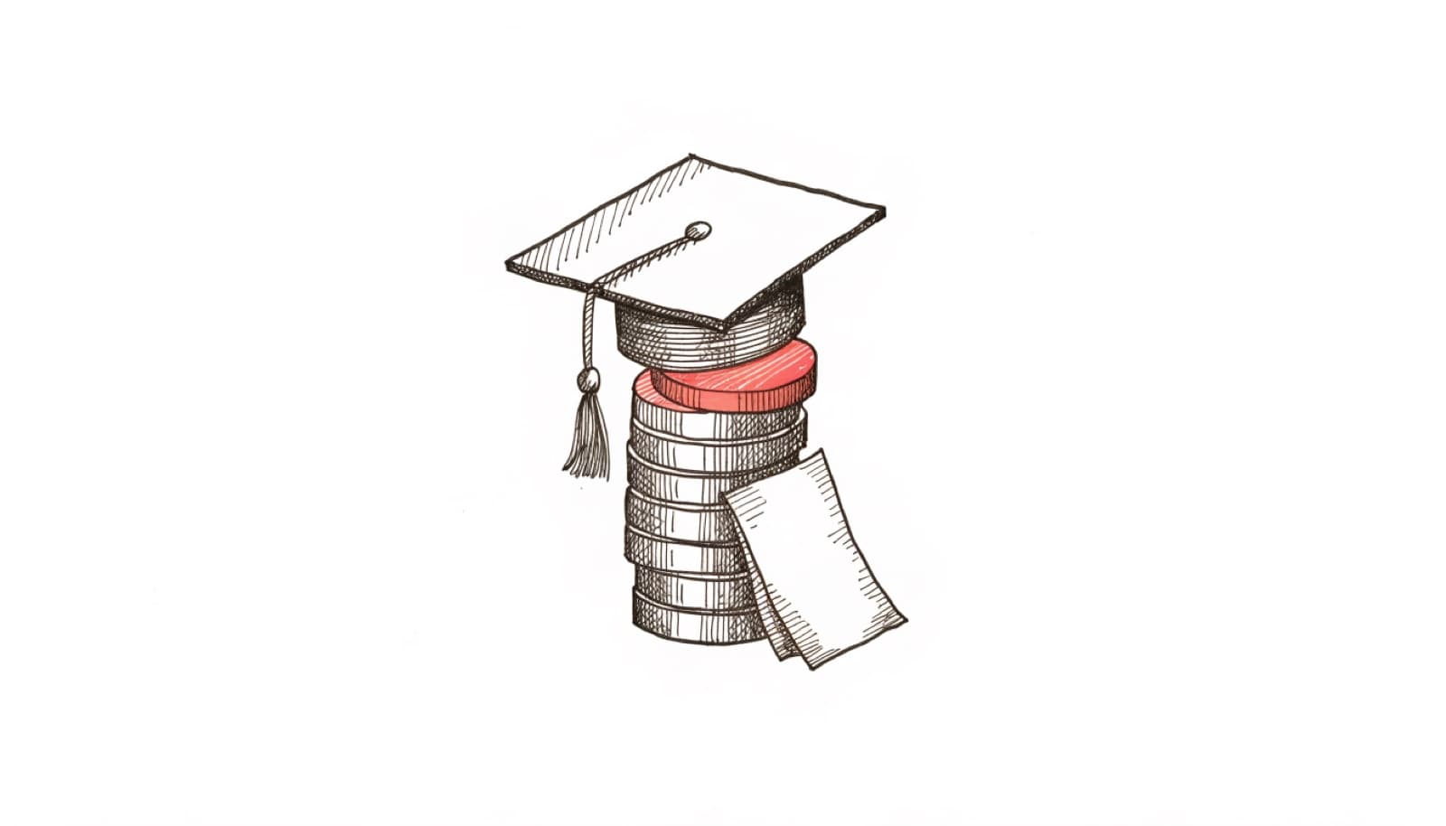 Pen-and-ink illustration: a graduation cap atop a stack of coins, one coin in red, with a folded scholarship envelope leaning against it
