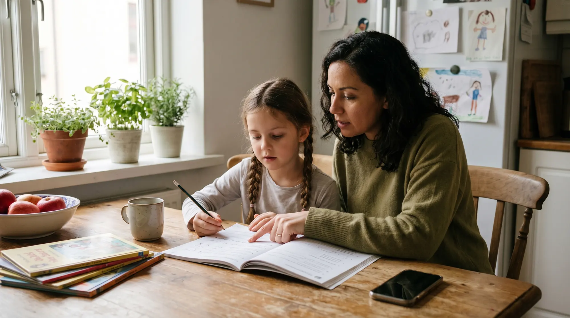 A mother points to a line in her daughter's workbook at a wooden kitchen table on a home-learning day, with a mug of tea, a bowl of apples and a stack of books.