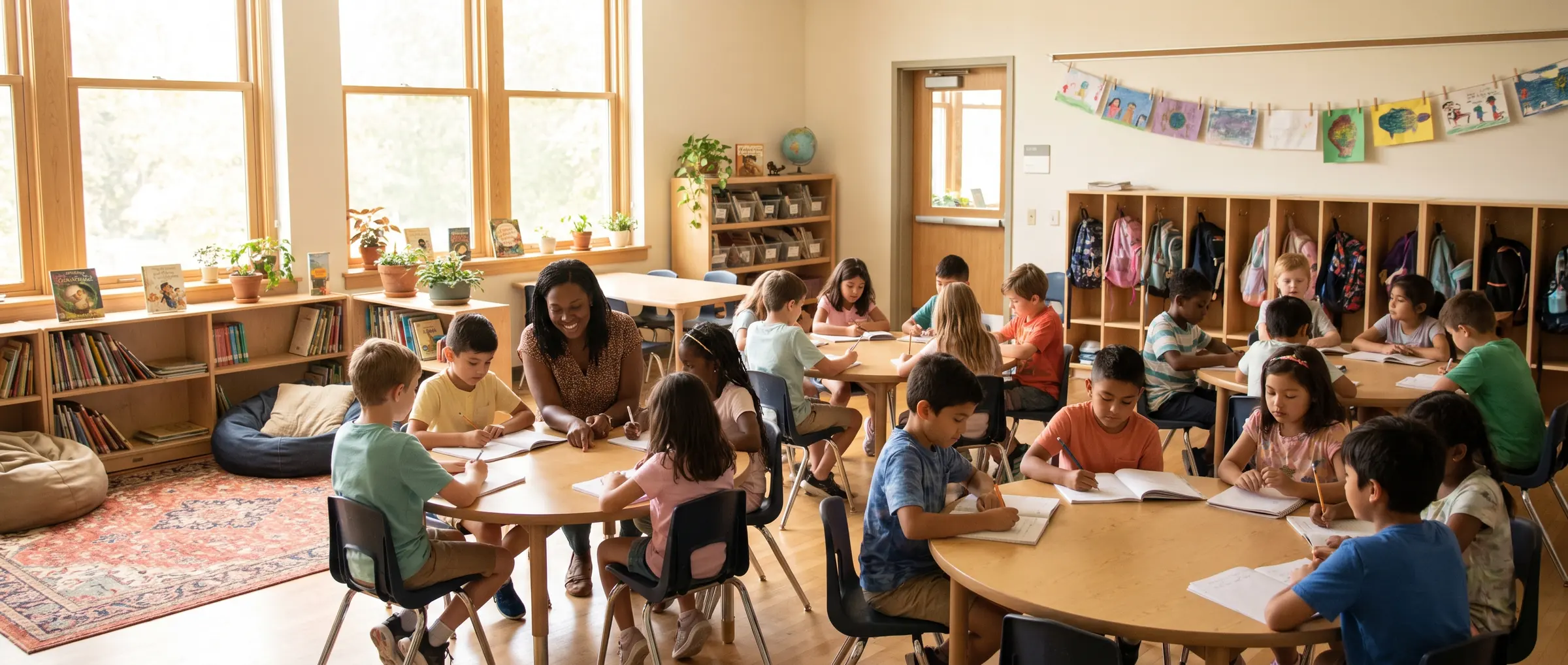 A bright classroom at a small school: children write in notebooks at round wooden tables while a teacher sits smiling beside one group, with low bookshelves, plants on the windowsill, a reading corner and cubbies of backpacks.