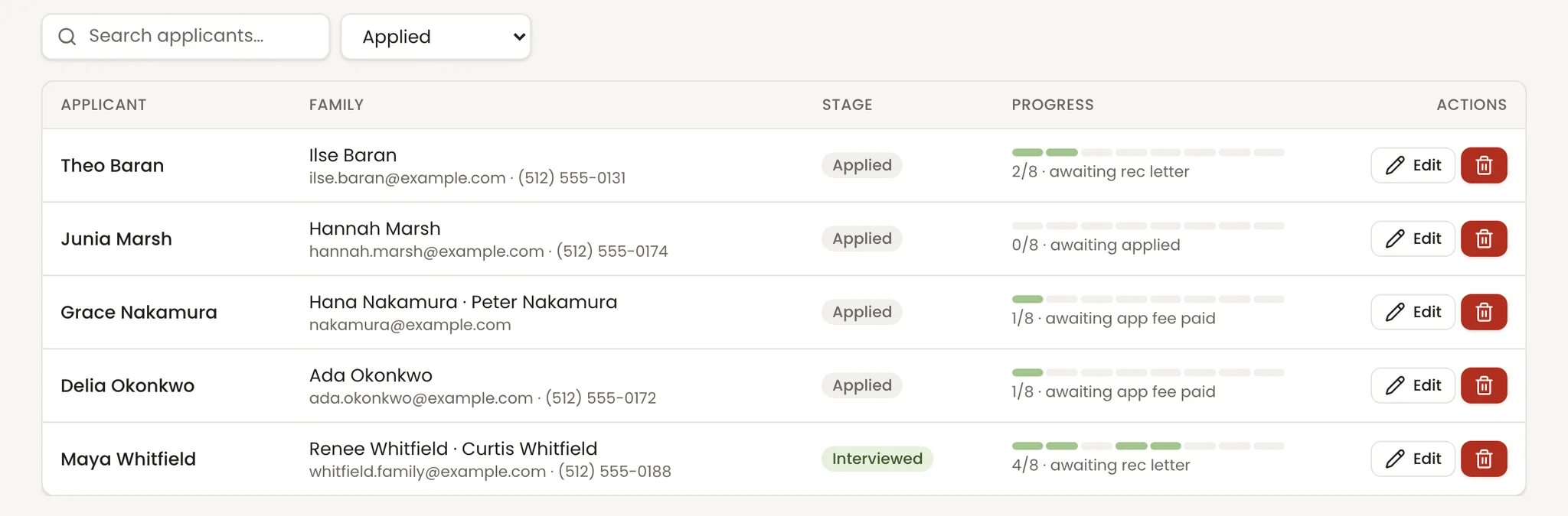 The admissions pipeline in Pearspark: five applicants, each with the family's contact details, a stage such as Applied or Interviewed, and a progress bar naming the next step, like awaiting rec letter. Names are sample data.