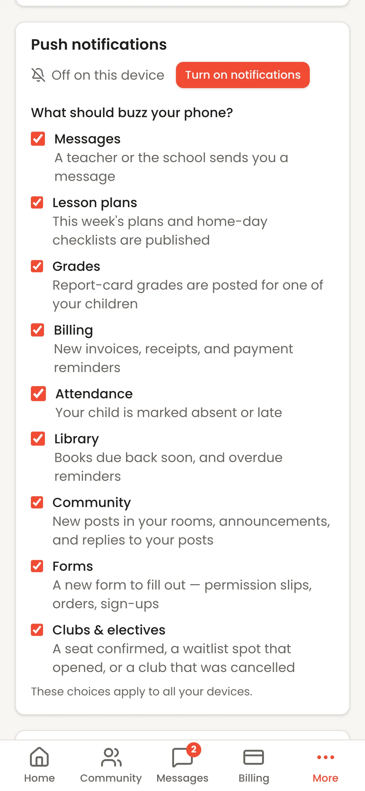 A parent's phone showing push notification settings: a Turn on notifications button, then a checklist of what should buzz the phone — messages, lesson plans, grades, billing, attendance, library, community, forms, clubs — each with a line saying when it fires. The school is sample data.
