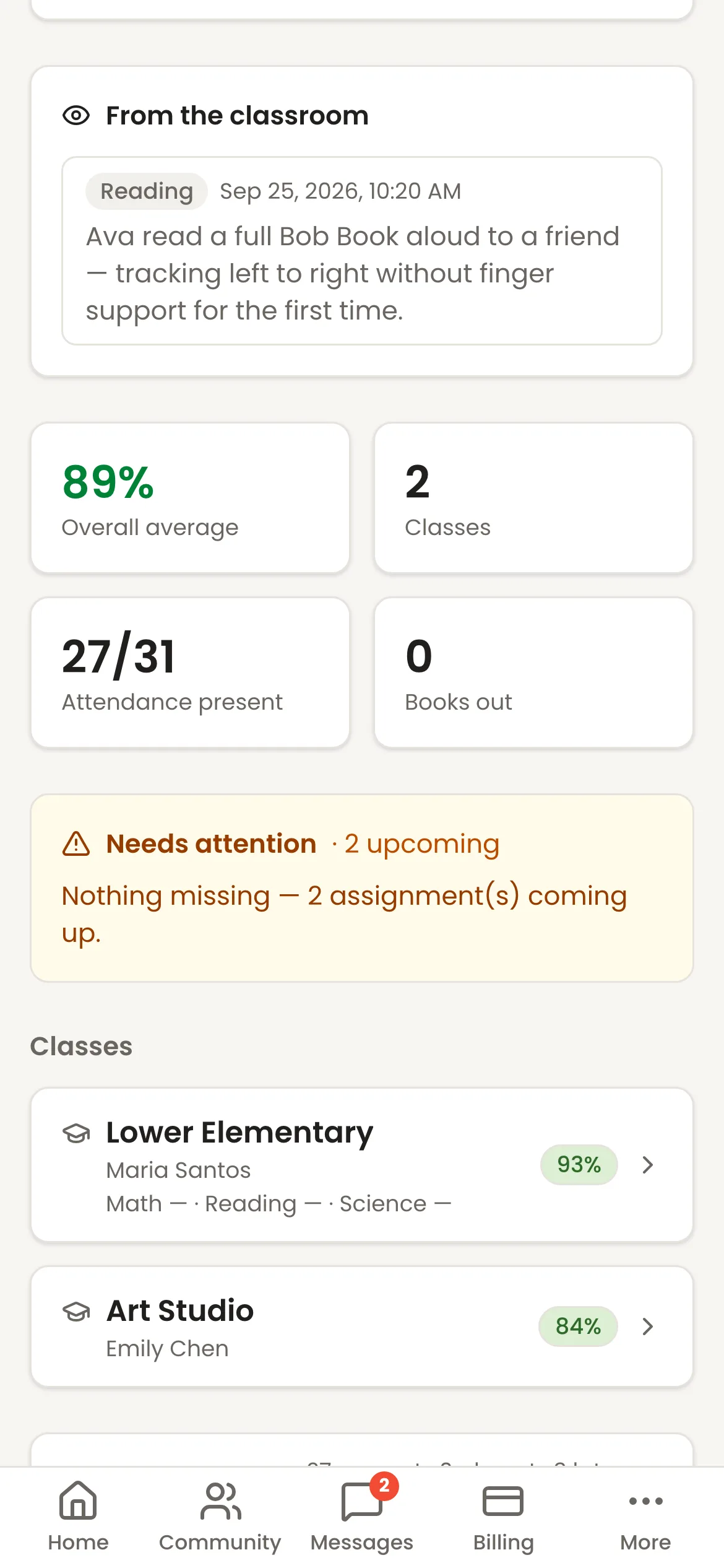 Further down the same phone page: a teacher's reading note, an 89% overall average, 27 of 31 attendance records marked present, and each class with its grade. Sample data.
