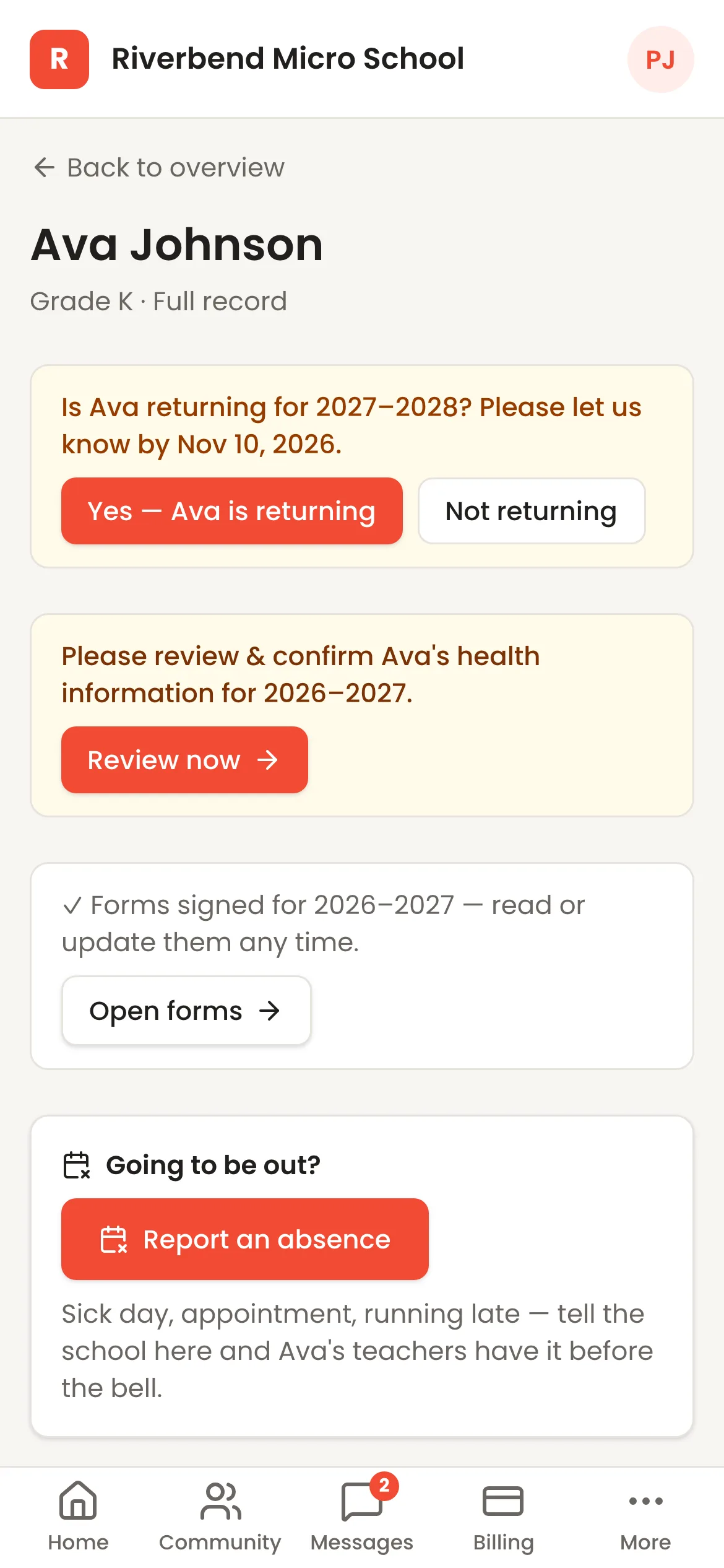 A parent's phone showing a child's page: a re-enrollment question with Yes and Not returning buttons, a request to confirm health details, signed forms, and a Report an absence button. Sample data.